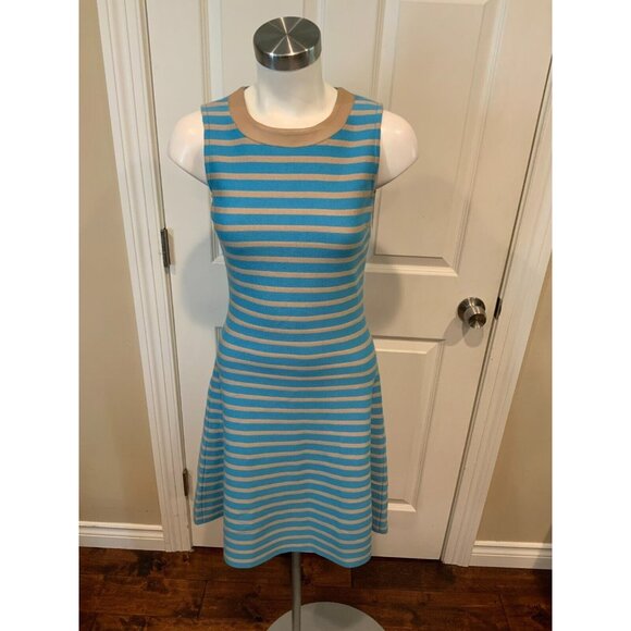 St. John Black Label Blue Tan Striped Knit Sleeveless Fit & Flare Dress, Size 0